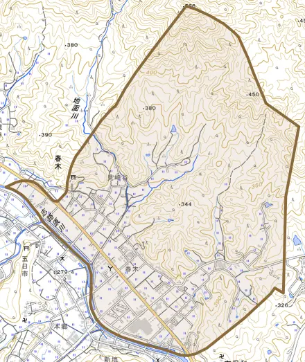 春木とその周辺の地図。町の範囲を重ねている