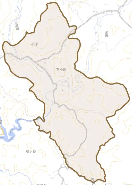 小原とその周辺の地図。町の範囲を重ねている