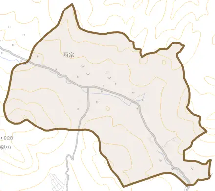 西宗とその周辺の地図。町の範囲を重ねている