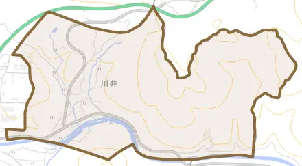 川井とその周辺の地図。町の範囲を重ねている