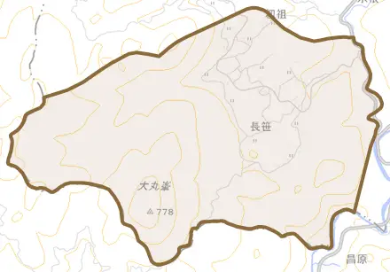 長笹とその周辺の地図。町の範囲を重ねている