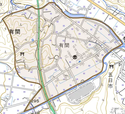 有間とその周辺の地図。町の範囲を重ねている