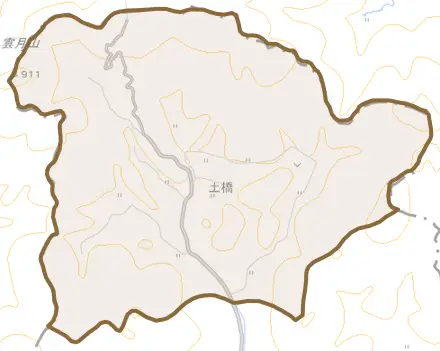 土橋とその周辺の地図。町の範囲を重ねている