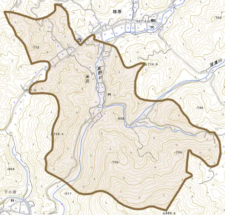 米沢とその周辺の地図。町の範囲を重ねている