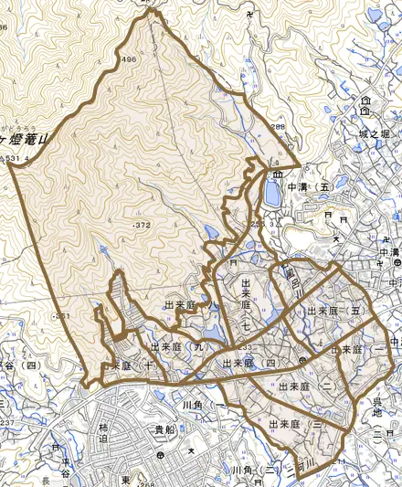 出来庭とその周辺の地図。町の範囲を重ねている