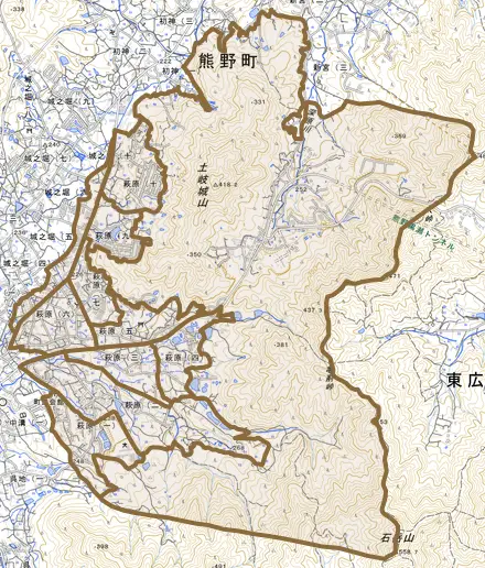 萩原とその周辺の地図。町の範囲を重ねている