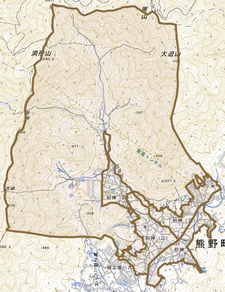 初神とその周辺の地図。町の範囲を重ねている