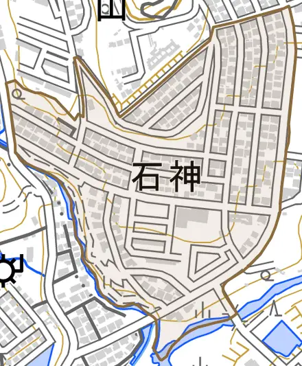 石神とその周辺の地図。町の範囲を重ねている