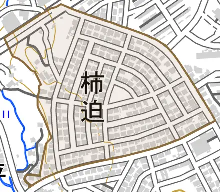 柿迫とその周辺の地図。町の範囲を重ねている