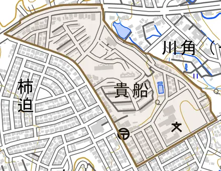 貴船とその周辺の地図。町の範囲を重ねている
