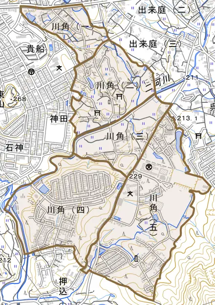 川角とその周辺の地図。町の範囲を重ねている