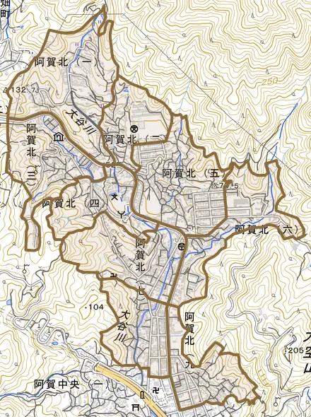 阿賀北とその周辺の地図。町の範囲を重ねている