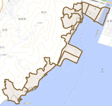 阿賀南とその周辺の地図。町の範囲を重ねている