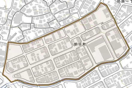 朝日町とその周辺の地図。町の範囲を重ねている
