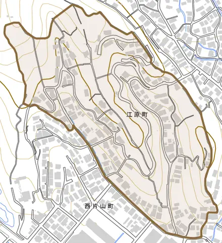 江原町とその周辺の地図。町の範囲を重ねている