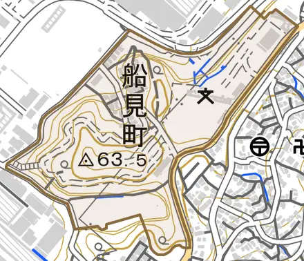 船見町とその周辺の地図。町の範囲を重ねている