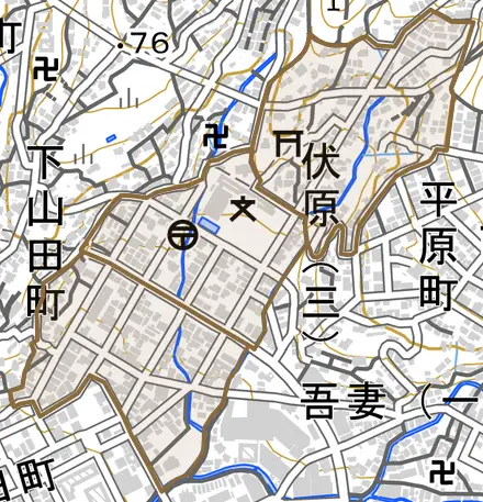 伏原とその周辺の地図。町の範囲を重ねている