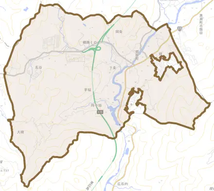 郷原町とその周辺の地図。町の範囲を重ねている
