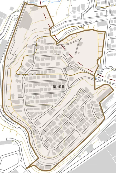 晴海町とその周辺の地図。町の範囲を重ねている