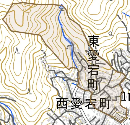 東愛宕町とその周辺の地図。町の範囲を重ねている