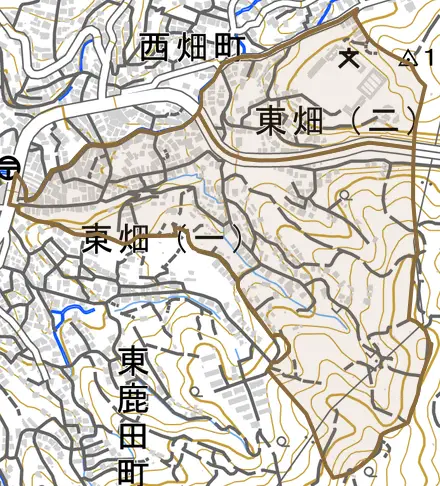 東畑とその周辺の地図。町の範囲を重ねている