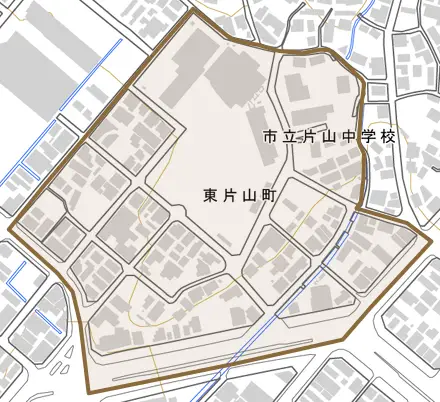 東片山町とその周辺の地図。町の範囲を重ねている