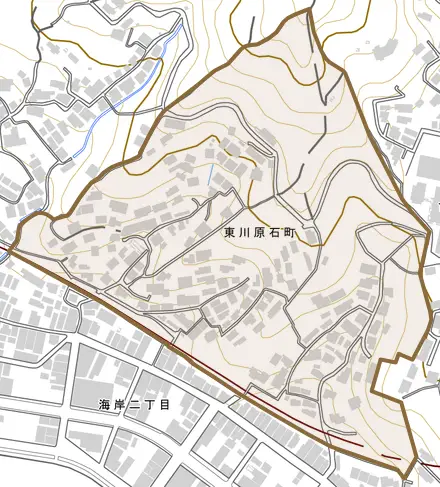 東川原石町とその周辺の地図。町の範囲を重ねている