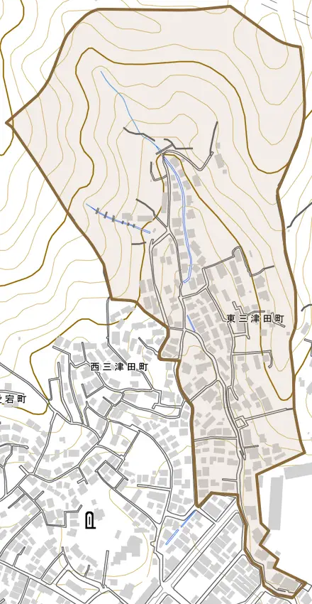東三津田町とその周辺の地図。町の範囲を重ねている