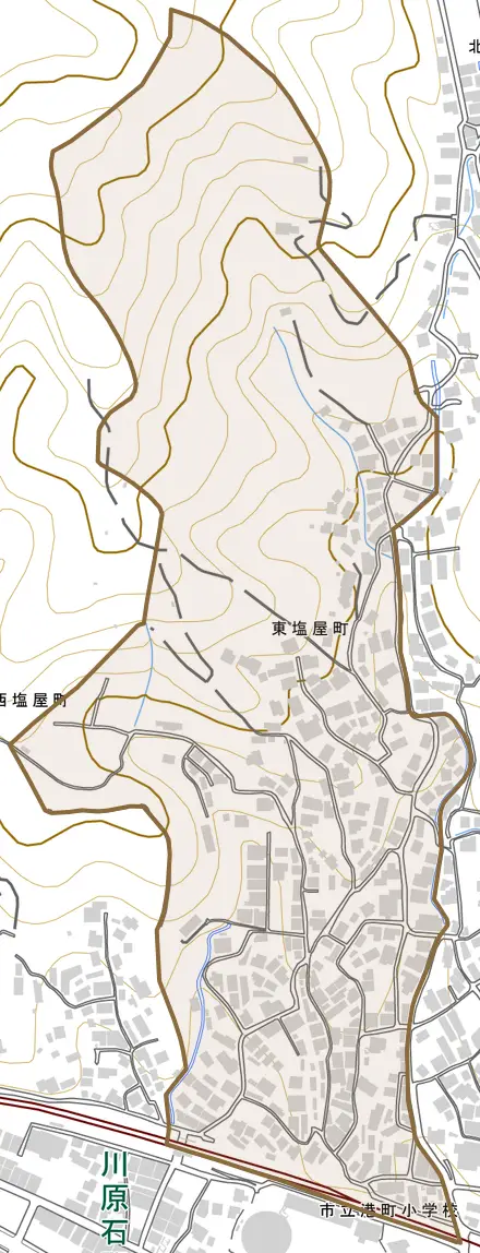 東塩屋町とその周辺の地図。町の範囲を重ねている
