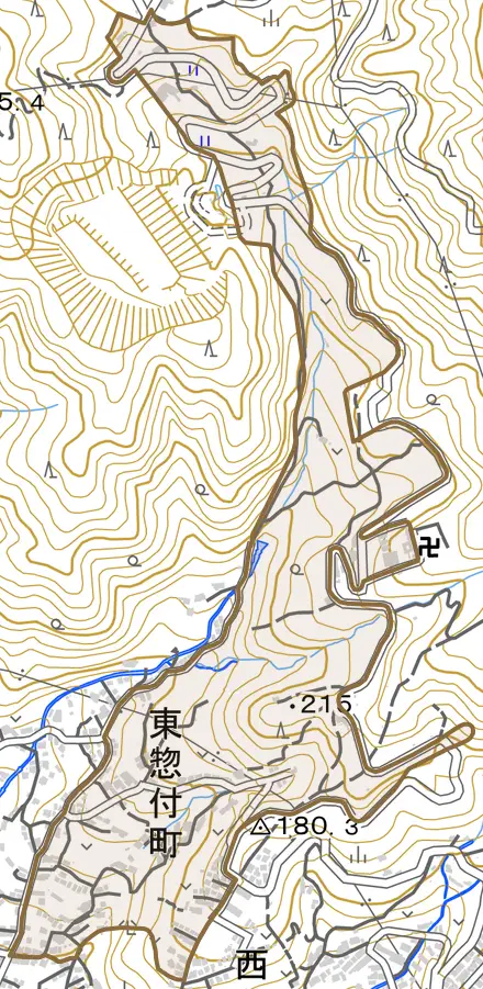 東惣付町とその周辺の地図。町の範囲を重ねている