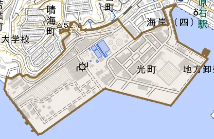 光町とその周辺の地図。町の範囲を重ねている