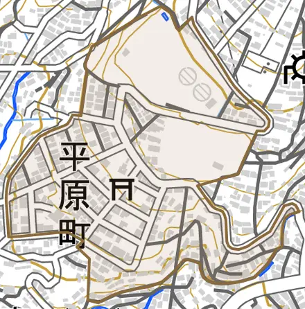 平原町とその周辺の地図。町の範囲を重ねている