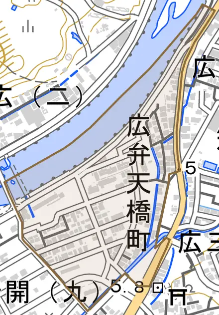 広弁天橋町とその周辺の地図。町の範囲を重ねている