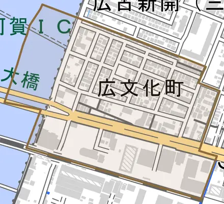 広文化町とその周辺の地図。町の範囲を重ねている
