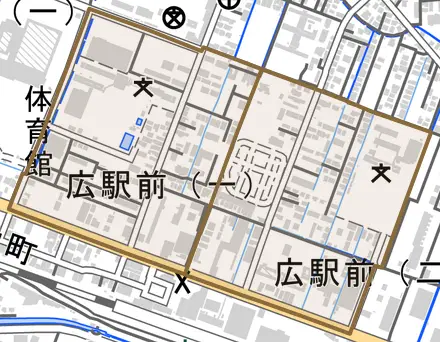 広駅前とその周辺の地図。町の範囲を重ねている