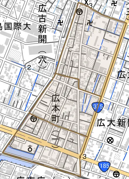 広本町とその周辺の地図。町の範囲を重ねている