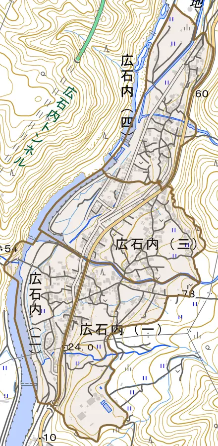 広石内とその周辺の地図。町の範囲を重ねている