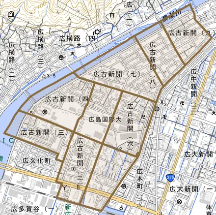 広古新開とその周辺の地図。町の範囲を重ねている