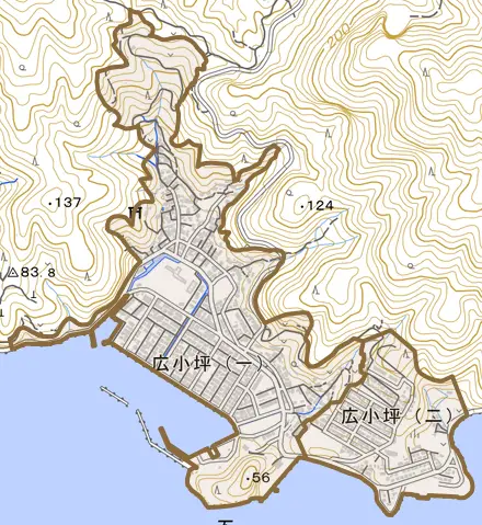広小坪とその周辺の地図。町の範囲を重ねている