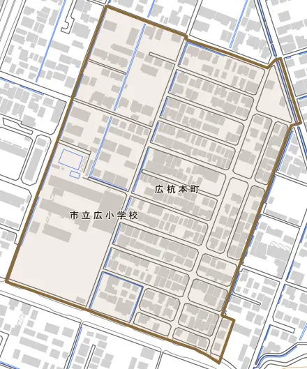 広杭本町とその周辺の地図。町の範囲を重ねている