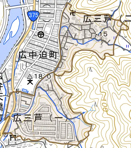 広三芦とその周辺の地図。町の範囲を重ねている