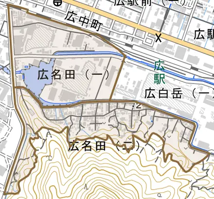 広名田とその周辺の地図。町の範囲を重ねている