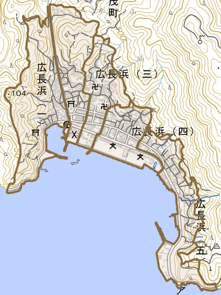 広長浜とその周辺の地図。町の範囲を重ねている