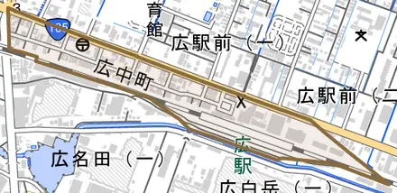 広中町とその周辺の地図。町の範囲を重ねている