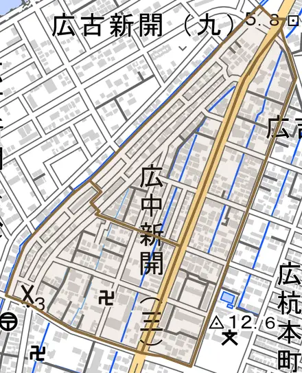 広中新開とその周辺の地図。町の範囲を重ねている