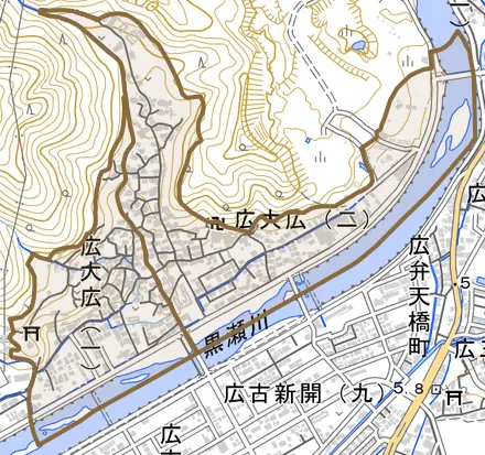 広大広とその周辺の地図。町の範囲を重ねている