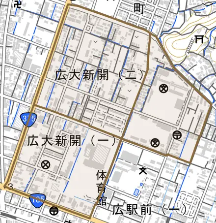広大新開とその周辺の地図。町の範囲を重ねている