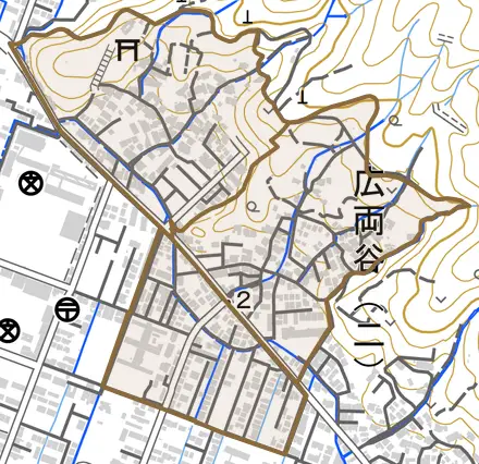 広両谷とその周辺の地図。町の範囲を重ねている
