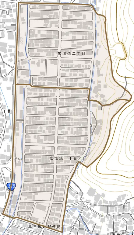 広塩焼とその周辺の地図。町の範囲を重ねている
