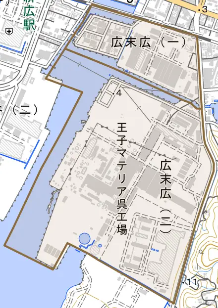広末広とその周辺の地図。町の範囲を重ねている